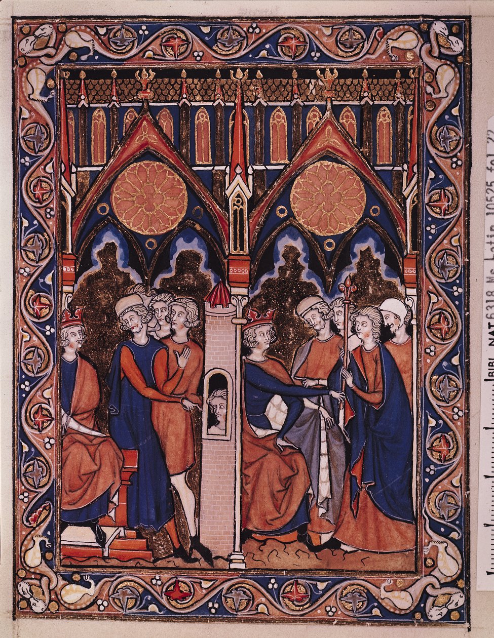 Ms Lat 10525 Fol.22 Joseph forklarer drømmen om at farao og farao gjeninnsatte butleren sin, fra Psalter of St. Louis, ca. 1258-70 av French School
