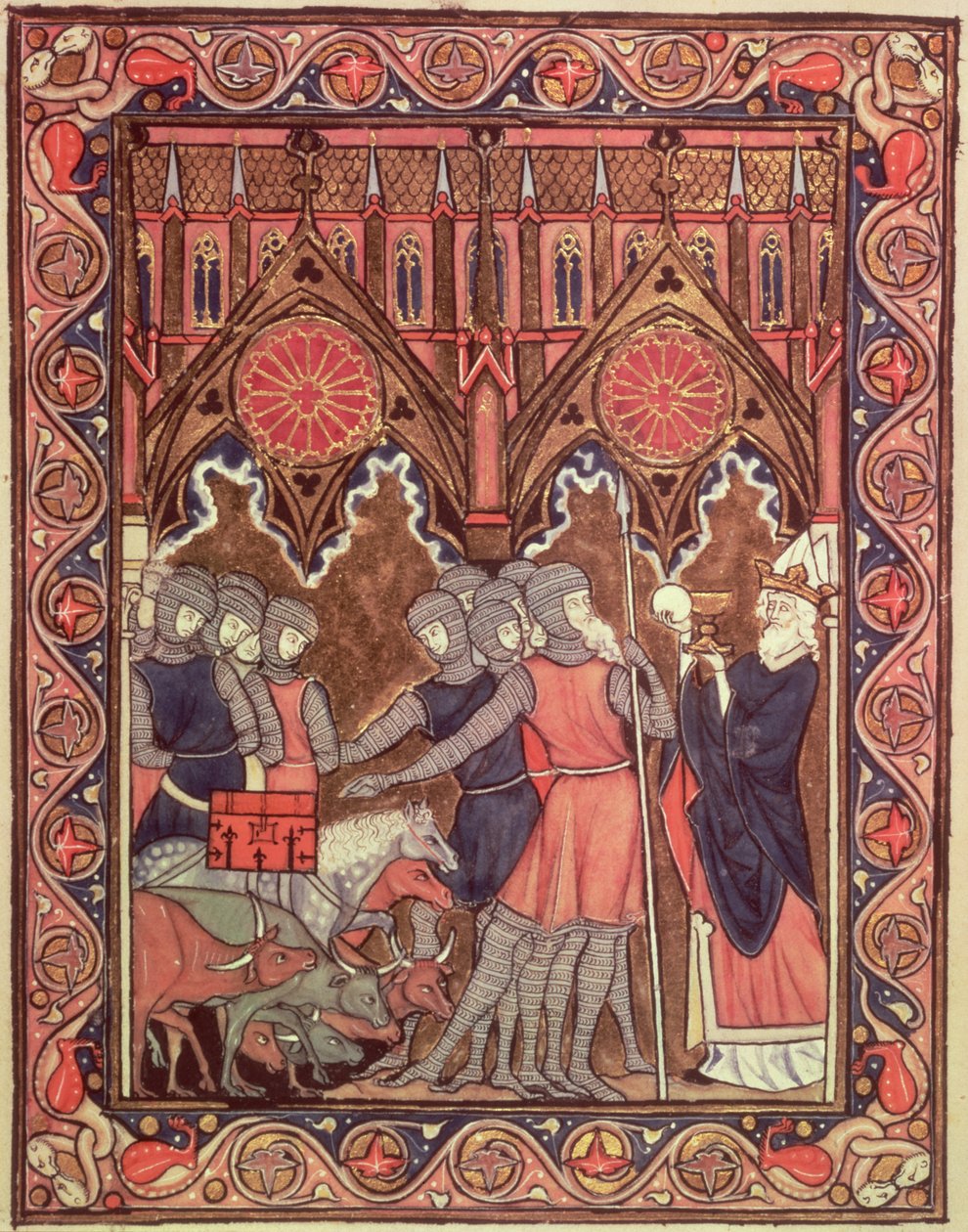 Ms Lat 10525 fol.6 Abraham presenterer fangene og byttet sitt til Melkisedek, fra St. Louis-psalteren, ca. 1258-70 av French School