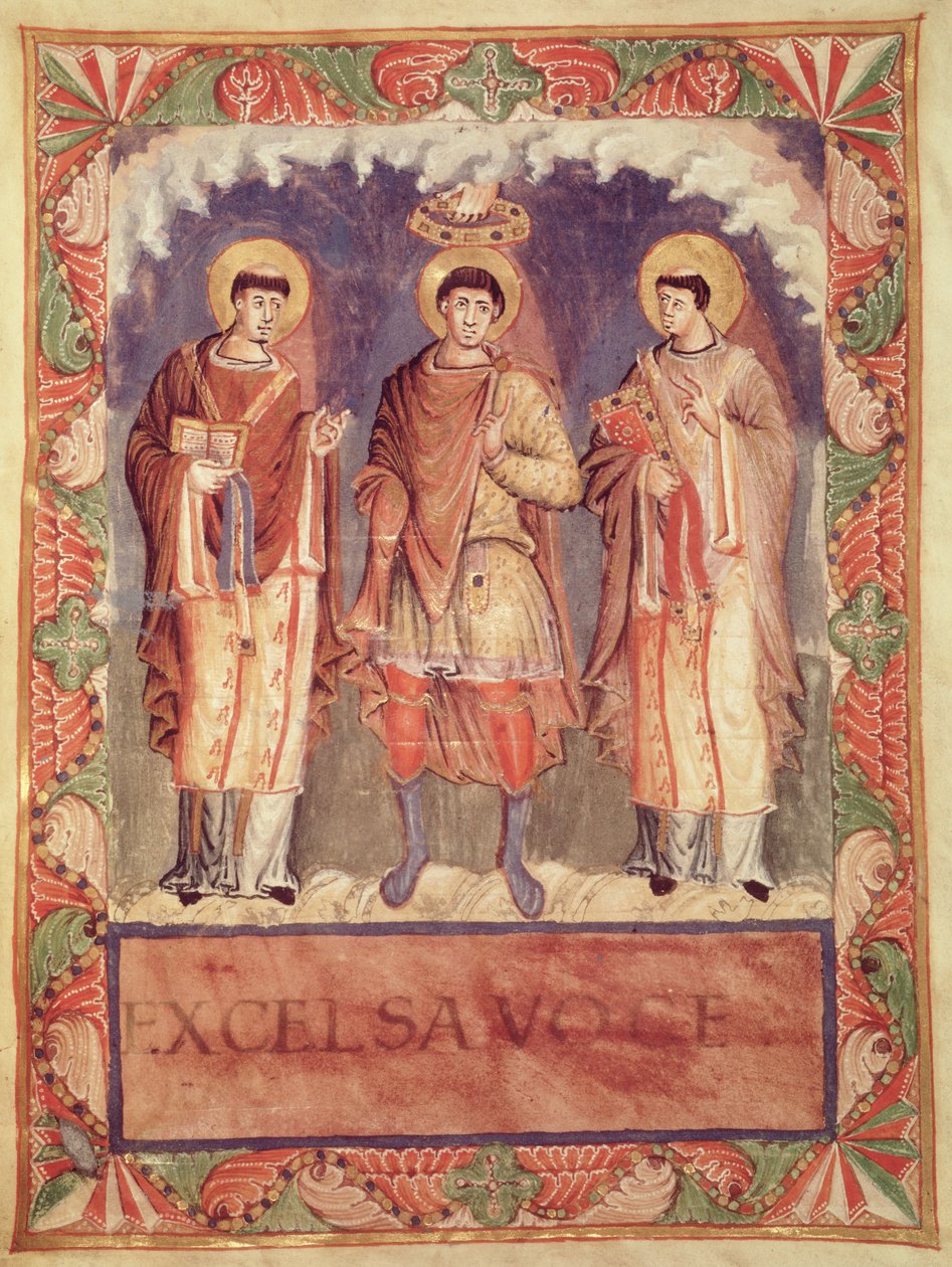 Ms Lat 1141 fol.2v Kroningen av Charles II (823-877) med erkebiskopene av Reims og Treves, fra Sacrementaire de Metz (se også 159999) av French School