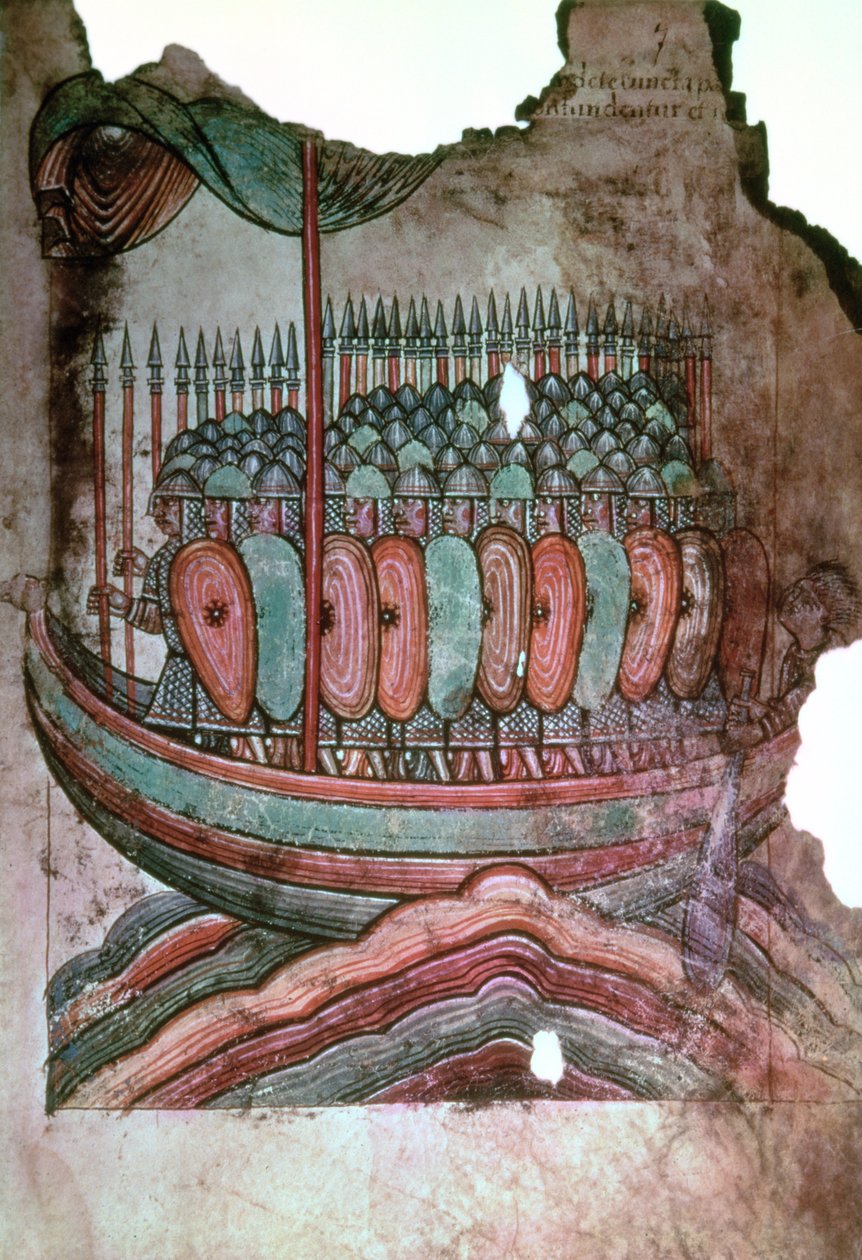 Ms Lat 1390 fol.7 normanniske soldater som krysser den engelske kanalen, fra La Vie de Saint Aubin dAngers av French School