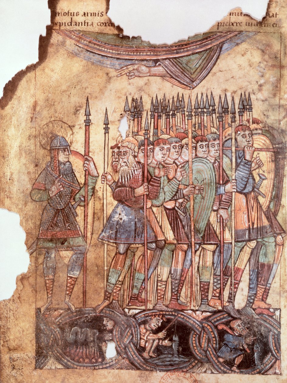 Ms Lat 1390 fol.7v Foot Soldiers in the Crusades, fra La Vie de Saint Aubin dAngers av French School