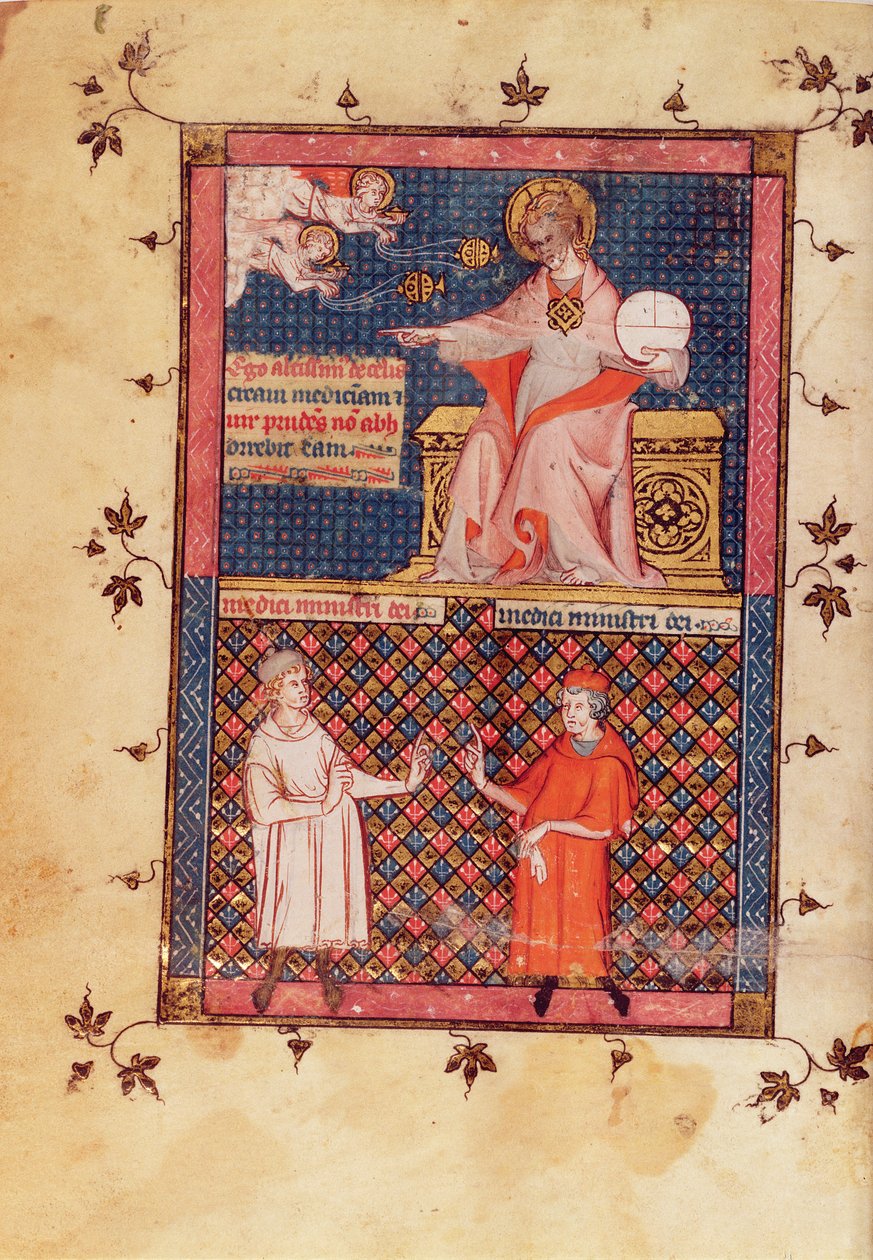 Ms Lat 14023 fol.1v Gud skaper medisin og gir kunnskap til legene, fra Medisinkanon av Avicenna (Ibn Sina) (980-1037) oversatt av Gerard de Cremone (1114087) ca.1320 av French School