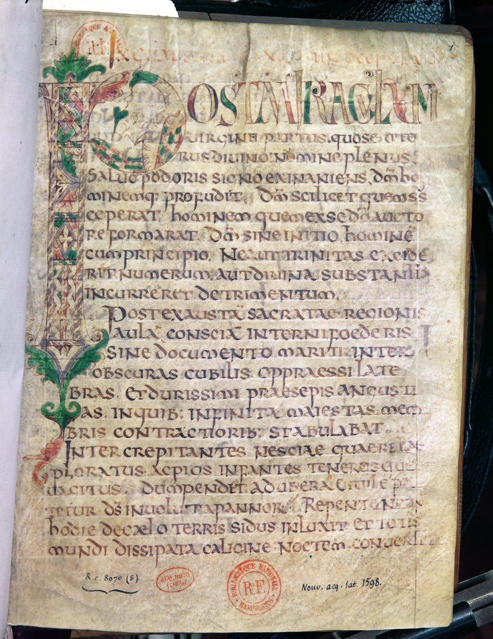 Ms Lat 1598 Fol.1 Zoomorphic historikert initial P, fra et verk av Saint Augustine (354-430) av French School