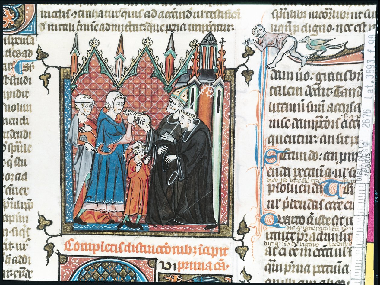 Ms Lat 3893 Fol.98 Foreldre tilbyr en biskop penger for å ta sønnen deres inn i klosteret, 1314 av French School