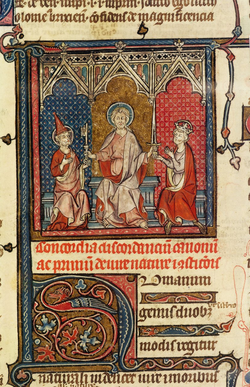 Ms Lat 3893 fol.1 Åndelig og tidsmessig kraft, fra Decrets de Gratien, 1314 av French School