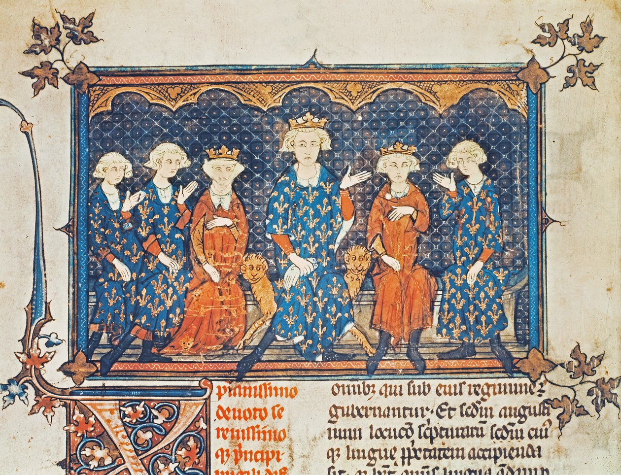 Ms Lat 8504 f.1v Philip IV (1268-1314) av Frankrike med sine fire barn og bror Charles av Valois av French School