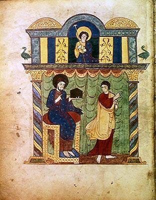 Ms Lat 8878 fol.1v Jesus presenterer evangeliet til St. Matteus, fra en kommentar til apokalypsen av den asturiske munken Beatus av Liebana (ca. 776) ca. 1028-72 (vellum) av French School