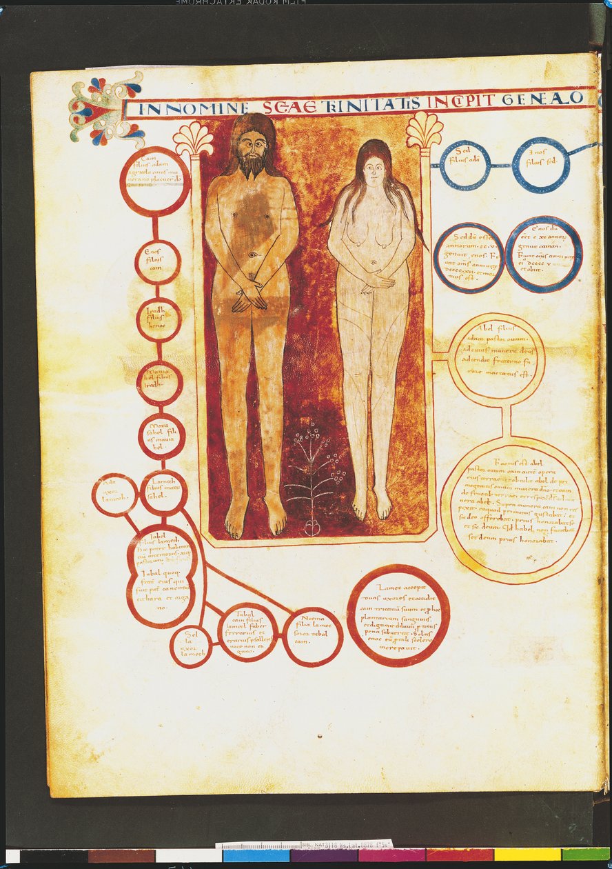 Ms Lat 8878 fol.5v Adam og Eva og Kristi slektsforskning, fra en kommentar til apokalypsen av den asturiske munken Beatus av Liebana (ca. 776) ca. 1028-72 av French School