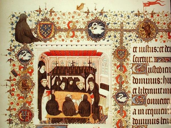 Ms Lat 919 Mourning of the Duchess, med våpenskjold og dyredetaljer, fra Grandes Heures de Duc de Berry av French School