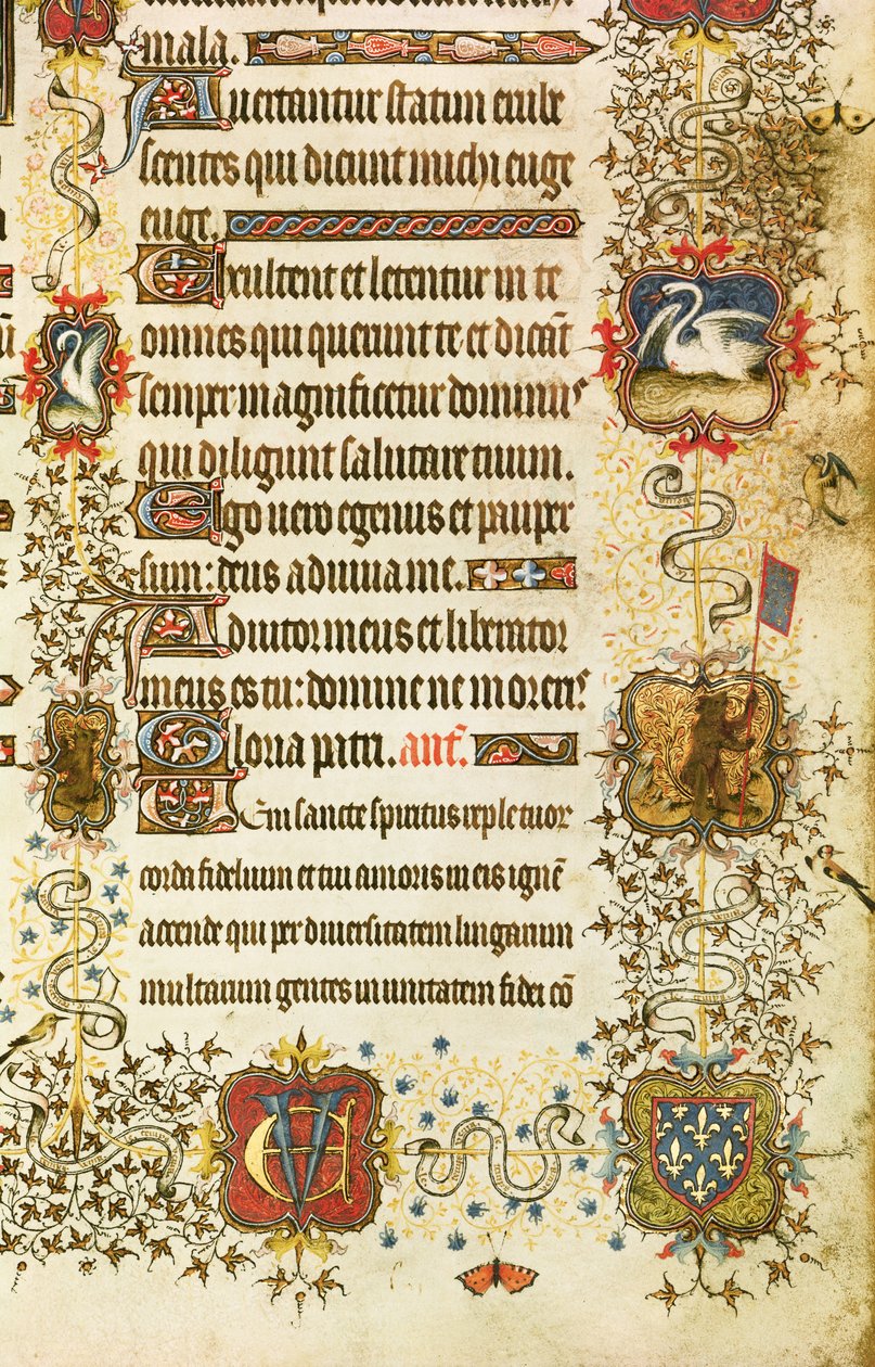 Ms Lat 919 fol.96 Detalj av våpenskjold og dyredekor, fra St. Peter Leading Jean de France (1340-1416) Duke of Berry into Paradise, fra Grandes Heures de Duc de Berry av French School