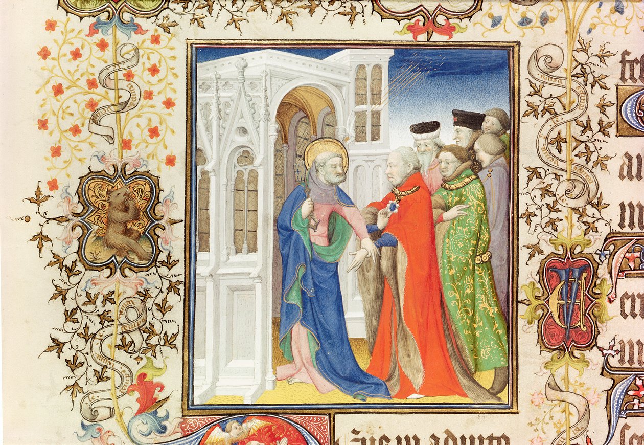 Ms Lat 919 fol.96 St. Peter Leading Jean de France (1340-1416) Duke of Berry into Paradise, fra Grandes Heures de Duc de Berry, 1409 (se også 159985 og 30908) av French School