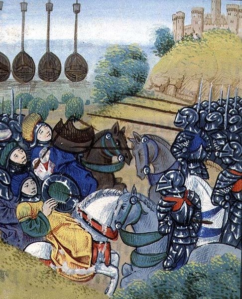 Ms Roy 20 C IX f.278v Ungarsk seier over tyrkerne med den tyrkiske flåten i bakgrunnen, av Jean Chartrier, sent på 1400-tallet, fra 