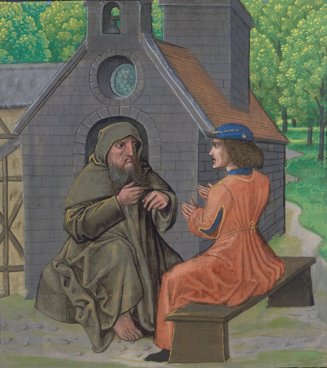 Ms Royal 14 E. 11, f.338 Eremitten som instruerer ridderen, fra 
