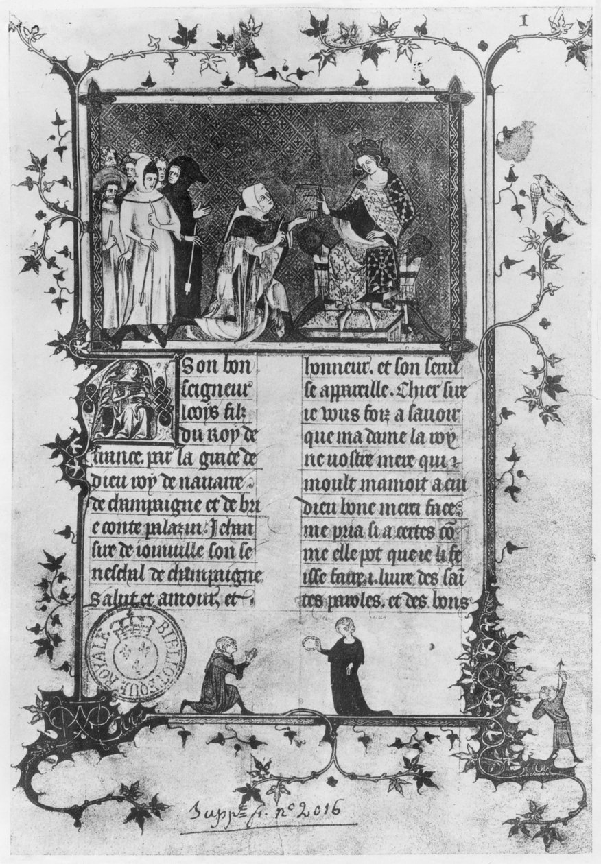 Ms fr 13568 fol.1 Jean de Joinville tilbyr sin bok om St. Louis (1215-70) til Louis X (1289-1316) den sta av French School