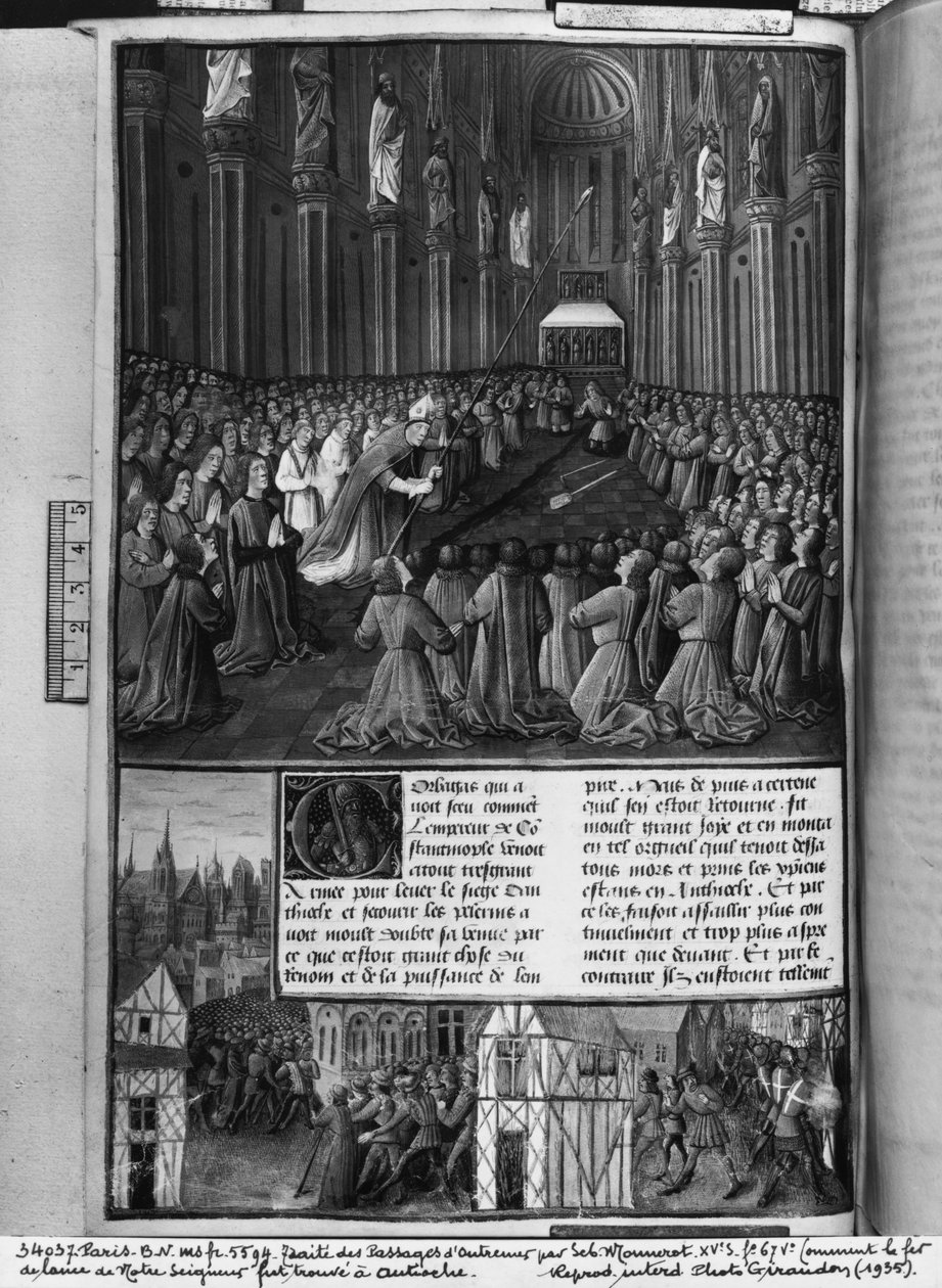 Ms.fr 5594 fol.67v Hvordan vår Herres spyd ble funnet i Antiokia, illustrasjon fra Les Passages dOutre-Mer av Sebastien Mamerot de Soissons, ca. 1490 av French School