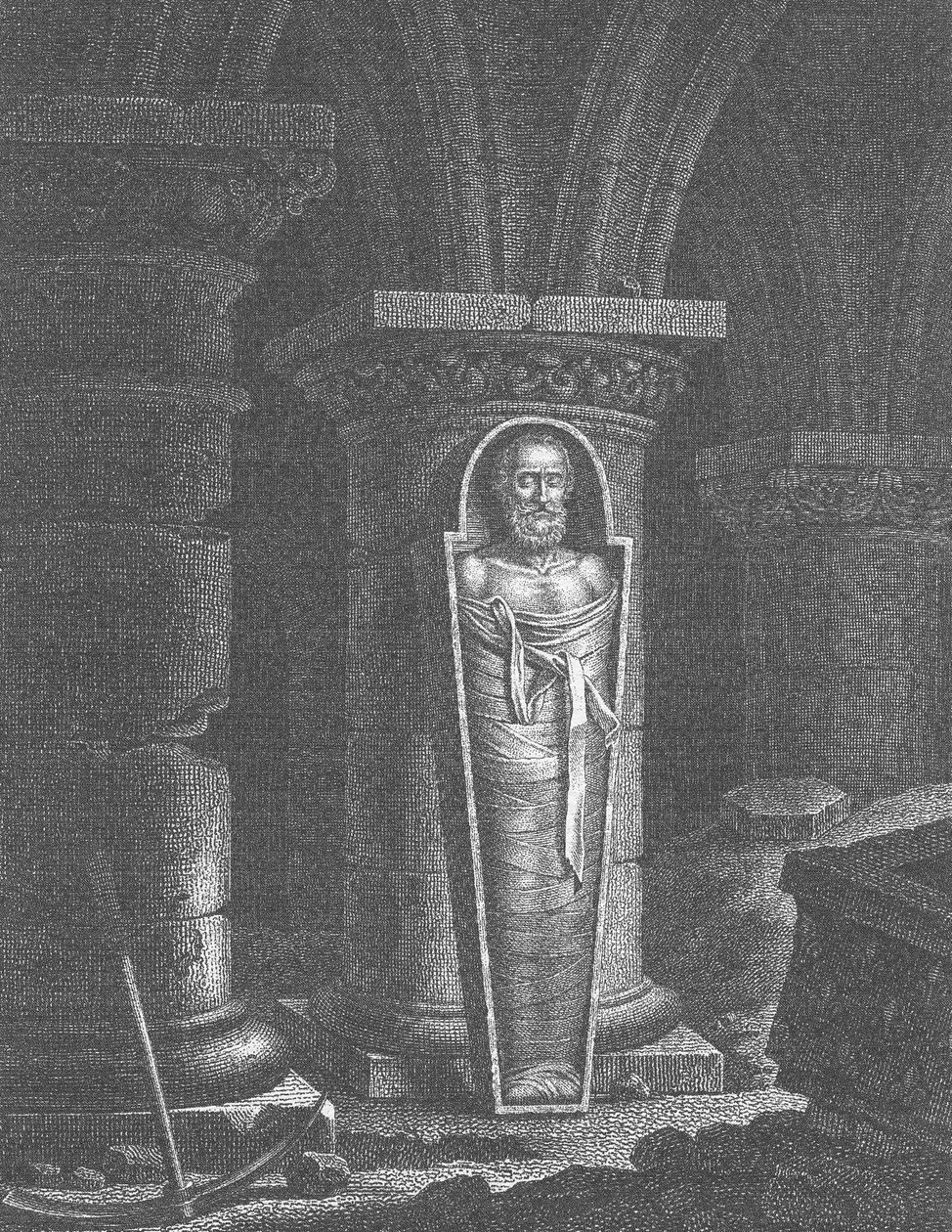 Mummi av Henri IV (1553-1610), konge av Frankrike, gravd opp av de revolusjonære, ved basilikaen Saint-Denis, 14.-25. oktober 1793 av French School