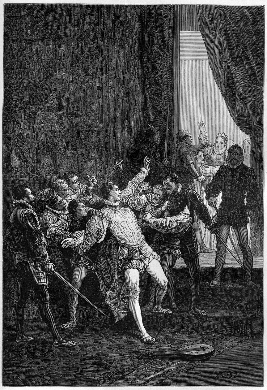 Mordet på David Rizzio (Davide) i nærvær av Mary Stuart (Marie Iere) (1542-1587) - gravering i "The History of England, from the most remote times" av Francois Guizot 1877 av French School