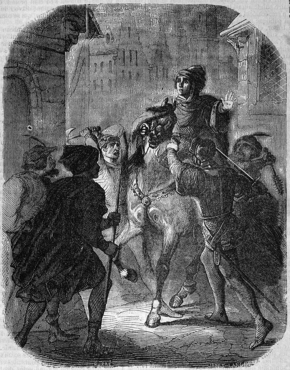 Mordet på Louis I av Valois, hertugen av Orleans (1372 - 1407) i Old Rue du Temple av Jean Sans Ppeur - i Histoire de France"" av L.-P. Anquetil av French School