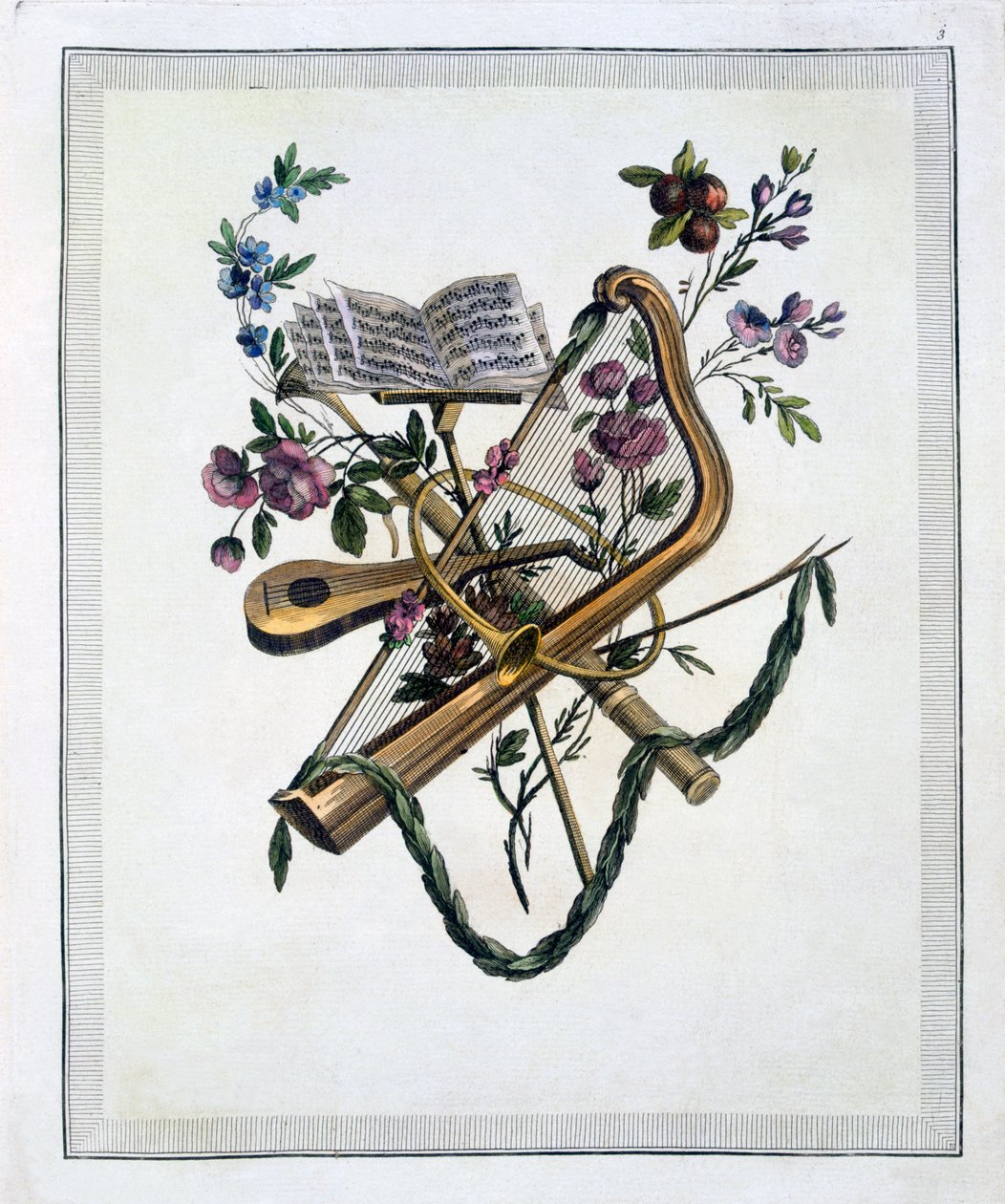Musikkinstrumenter, fra en bok med graverte plater av Oppenords design, utgitt 1745rn av French School
