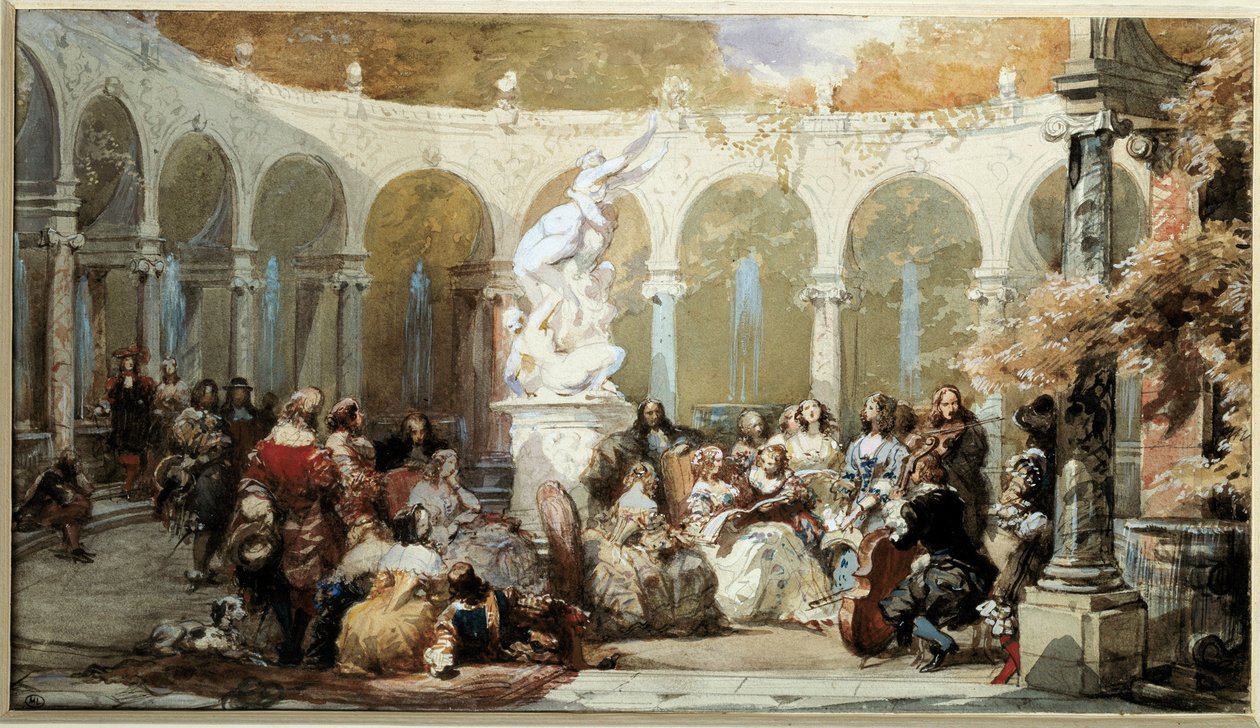 Musikalsk scene i hagene i Versailles. akvarell av French School
