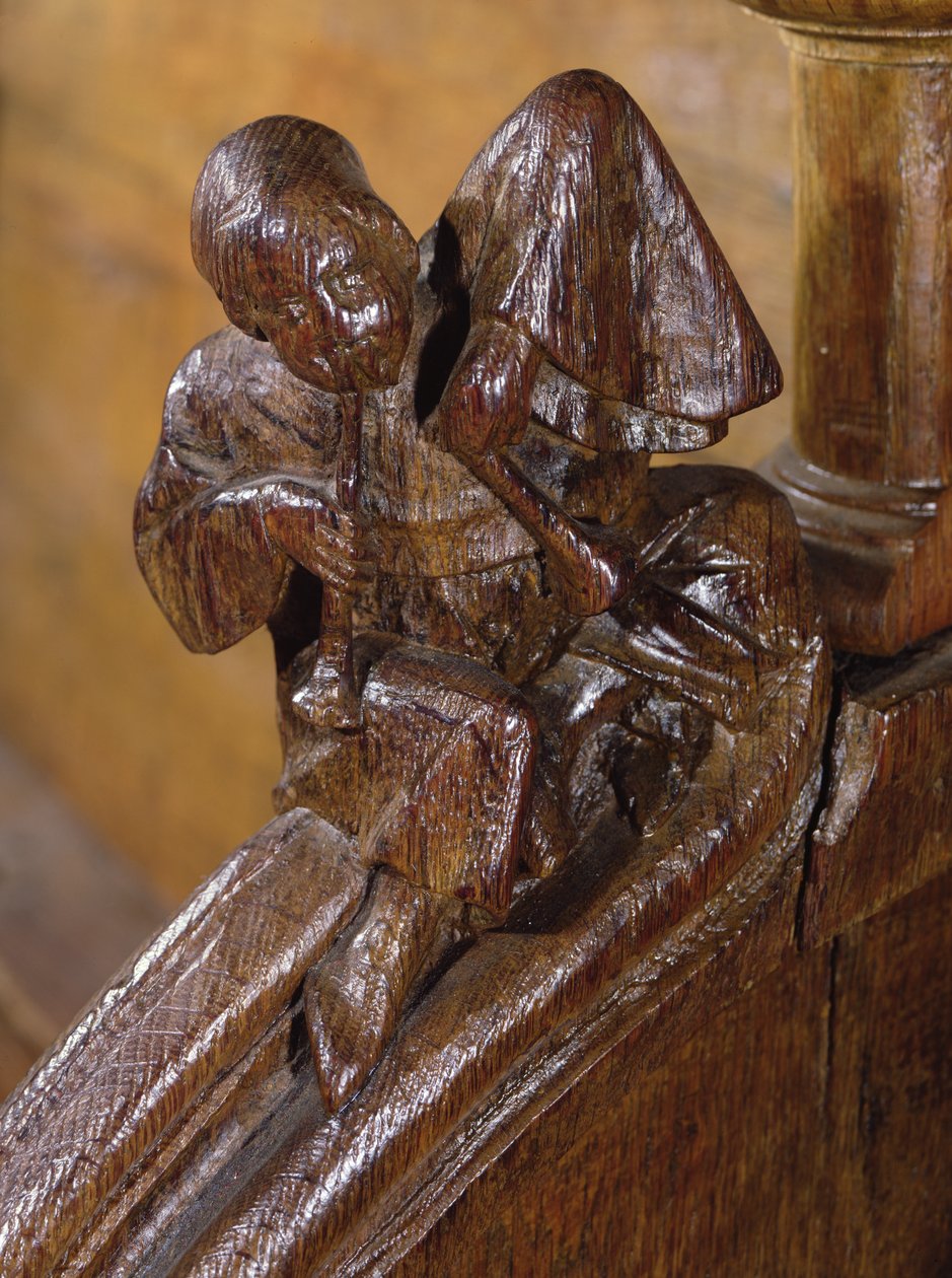 Musiker som spiller en dobbelfløyte, detalj fra en korstall, 1300-1500-tallet (tre) av French School