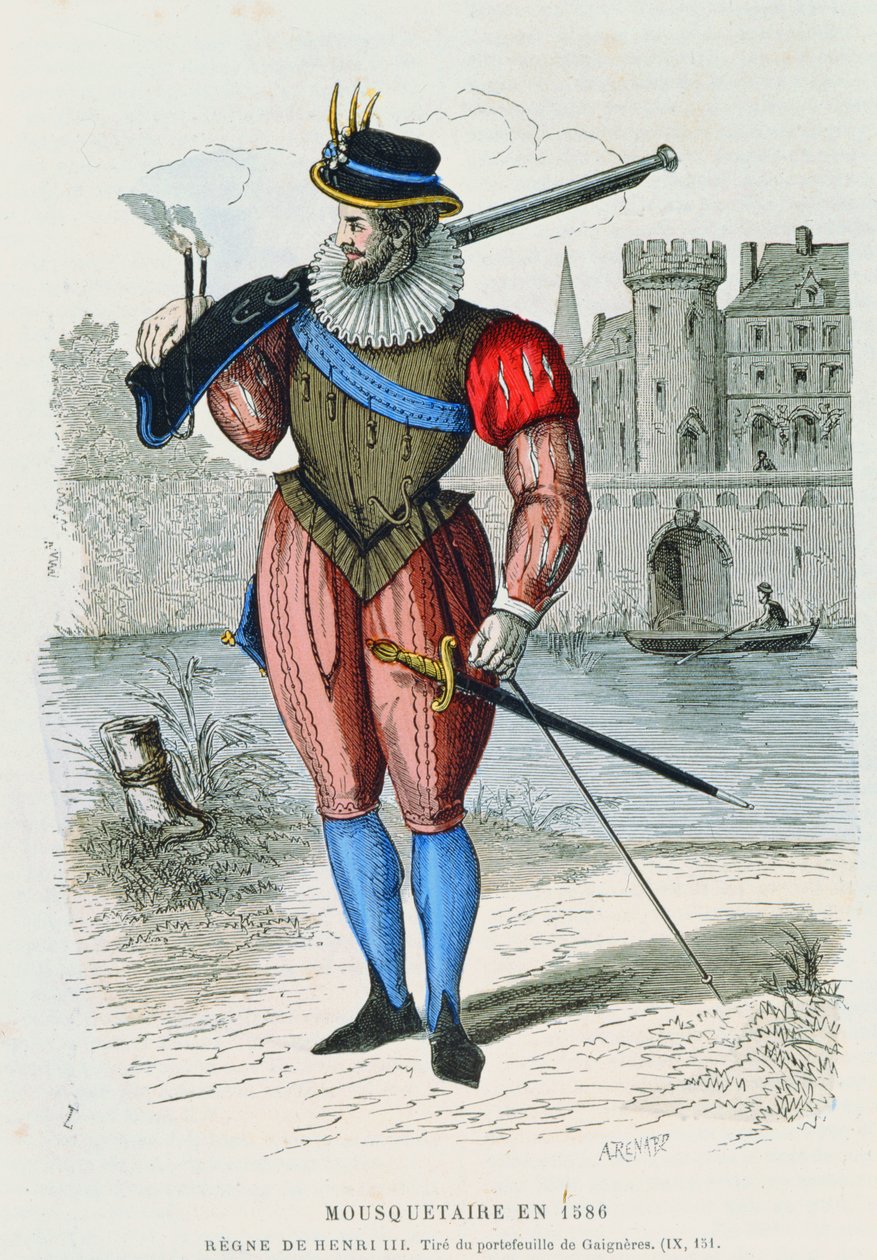Musketer i 1586, illustrasjon fra Costumes de Paris a travers les siecles av H. Gourdon de Genouillac, gravert av A. Renard (fargegravering) av French School