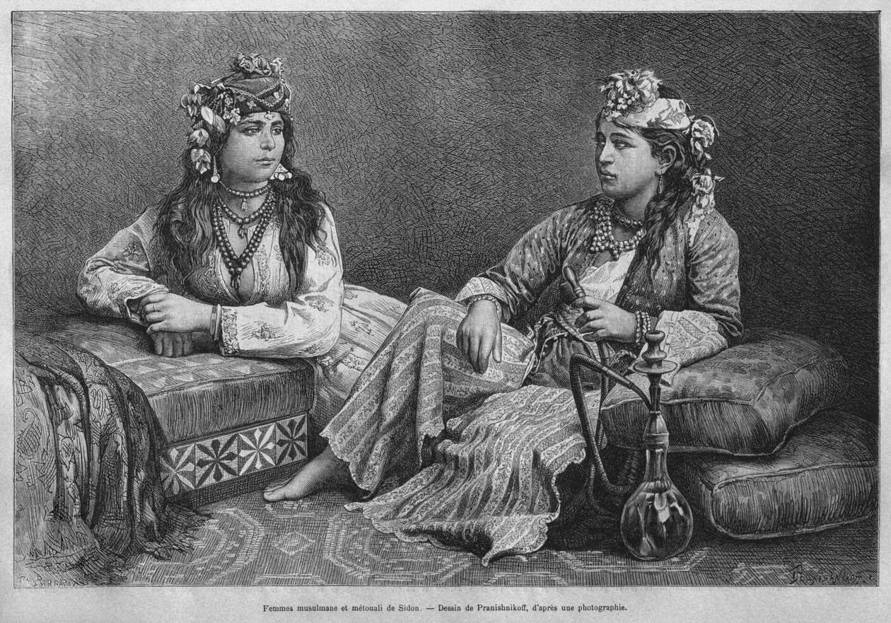 Muslimske kvinner i Sidon, fra Syria i dag. Reiser i Fønikia, Libanon og Judea. 1875-1880 av Louis Charles Emile Lortet, 1884 (bw gravering) av French School
