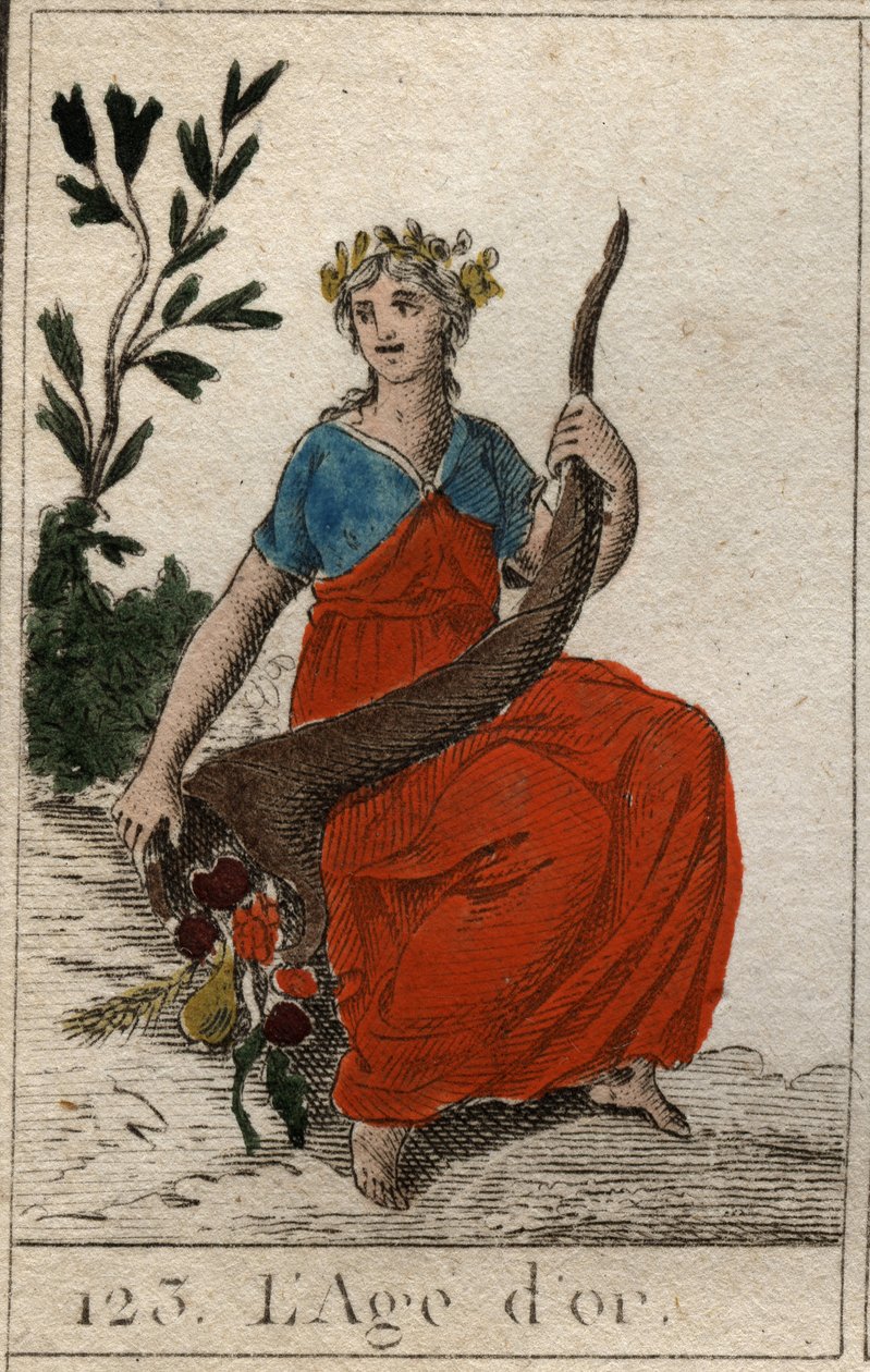 Myte om menneskehetens tidsalder: representasjon av gullalderen, som en ung jomfru med perfekt skjønnhet, kronet med blomster og som holder et horn av overflod (Golden Age skildrer som en ung og pen kvinne, som holder et overflødighetshorn og kronet med bl av French School