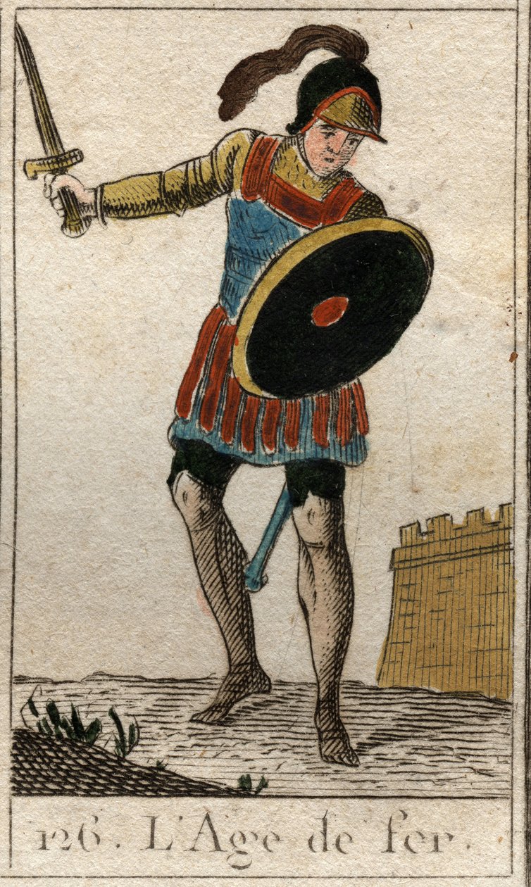 Myth of the Ages of Humanity: representasjon av jernalderen, som en ung mann med hjelm og holder et sverd og et skjold. (Jernalder avbildet som en ung mann, iført hjelm, sverd og skjold som en kriger). Fra "Mythology of Youth" av Pierre Bl av French School