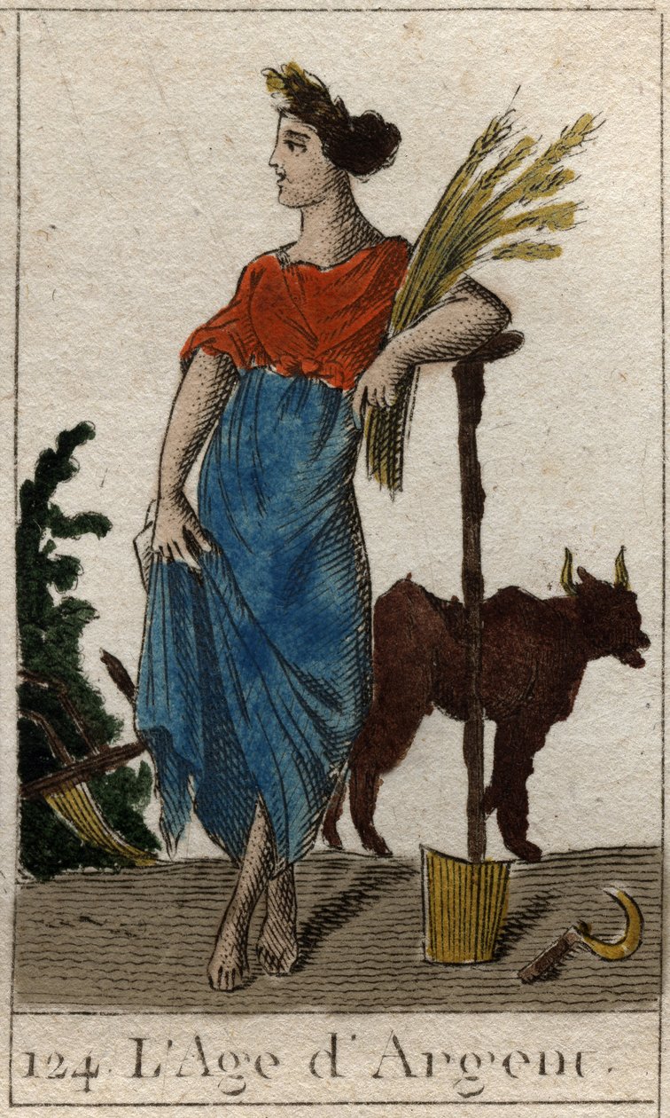 Myth of the Ages of Humanity: representasjon av sølvalderen, som en ung kvinne som holder en hvetekrans nær en plog og en serpe. (Silver Age avbildet som en ung kvinne, som holder en skurve og står ved en plog og en krok). Fra "Mythology of Youth" b av French School