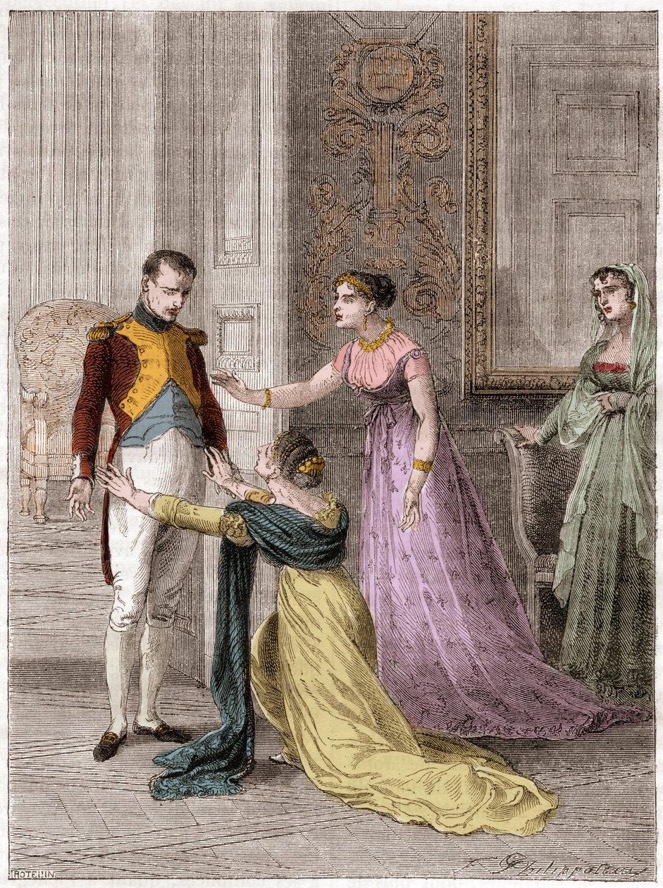 NAPOLEON Bonaparte (1769-1821), keiser av Frankrike, gir Madame de Polignac nåden i hennes manns liv (Jules Armand (Jules-Armand), Prince de Polignac av French School