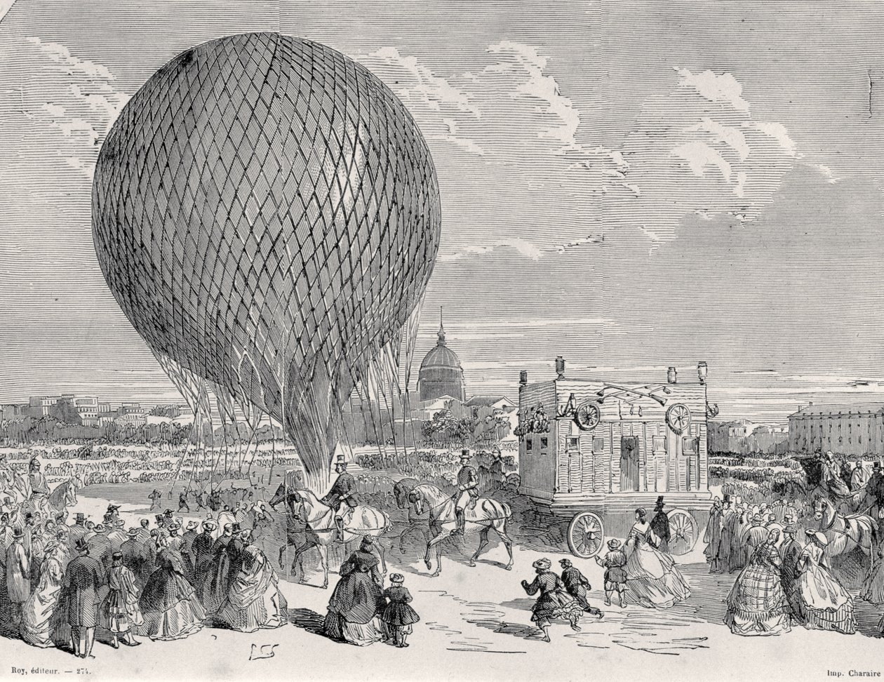 Nadars ballong, Le Géant klargjøres på Champ de Mars, Paris for sin første flytur 4. oktober 1863, illustrasjon fra Paris a Travers Les Siecles: Tome 5, 1889 av French School