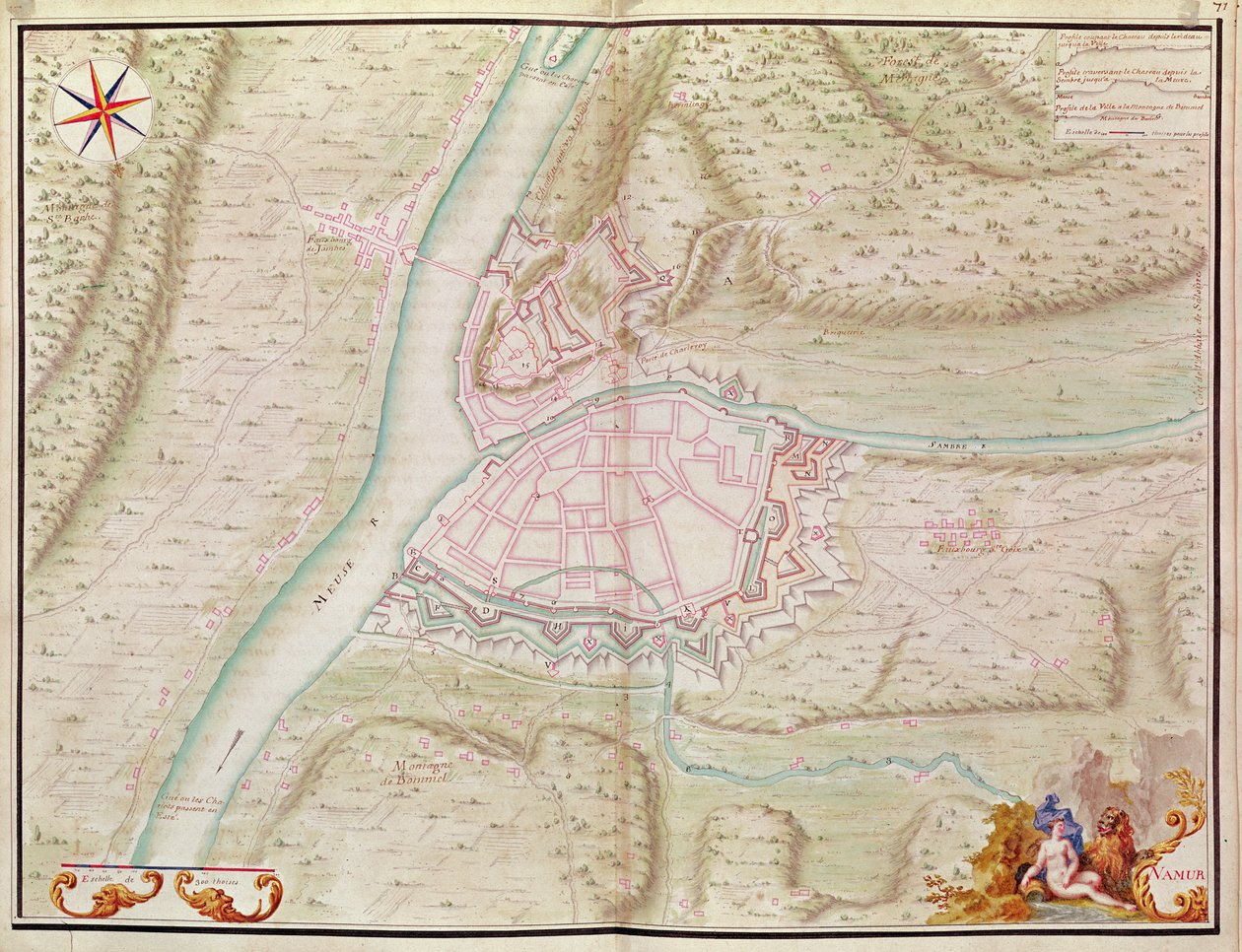 Namur og området rundt, fra Atlas de Louis XIV. Plans des Places etrangeres, 1665 (penn, blekk og vask) av French School