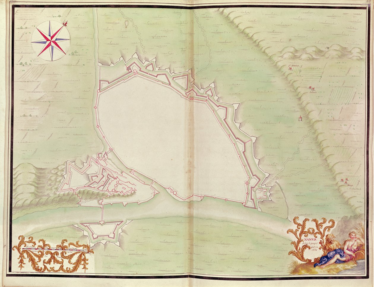 Namur, fra Atlas of Louis XIV. Planer over fremmede steder, 1665 (penn, blekk og vask) av French School