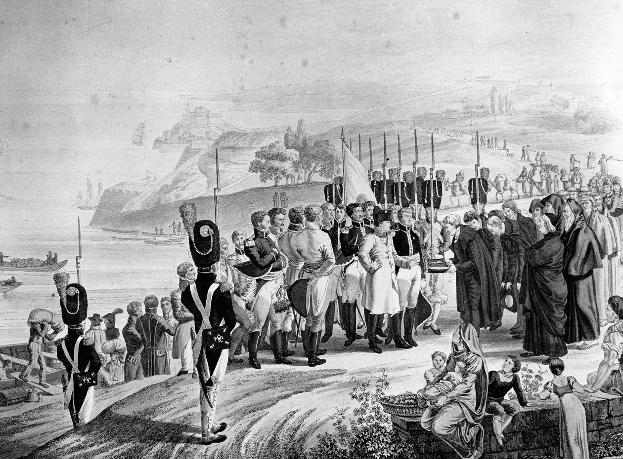 Napoleon (1769-1821) ankommer øya Elba, 1814 av French School