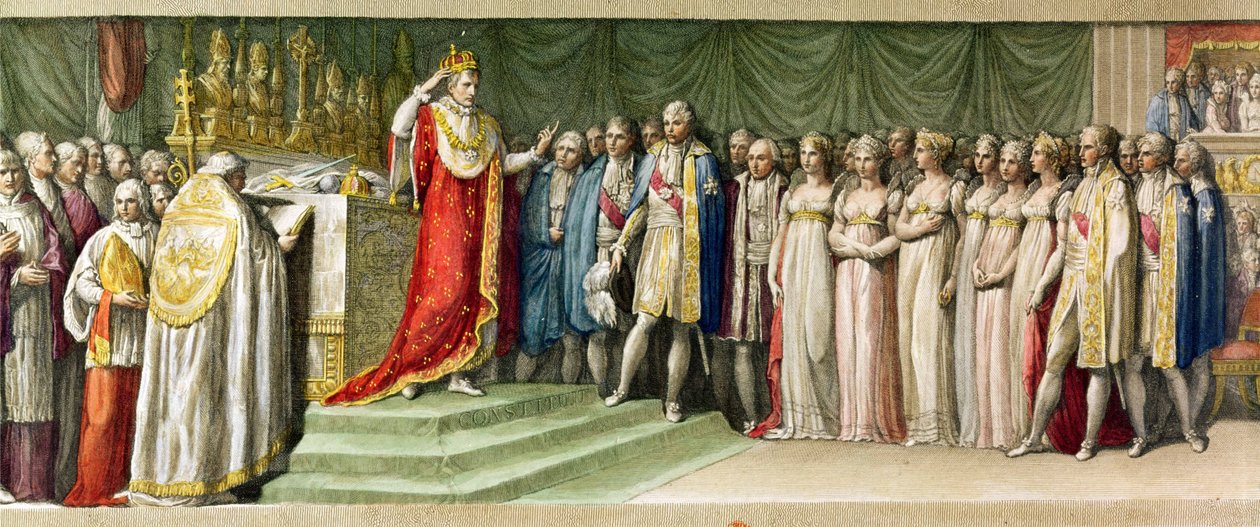 Napoleon Bonaparte (1769-1821) Kroner seg selv med langobardenes jernkrone i Milano, 1805 (fargegravering) av French School