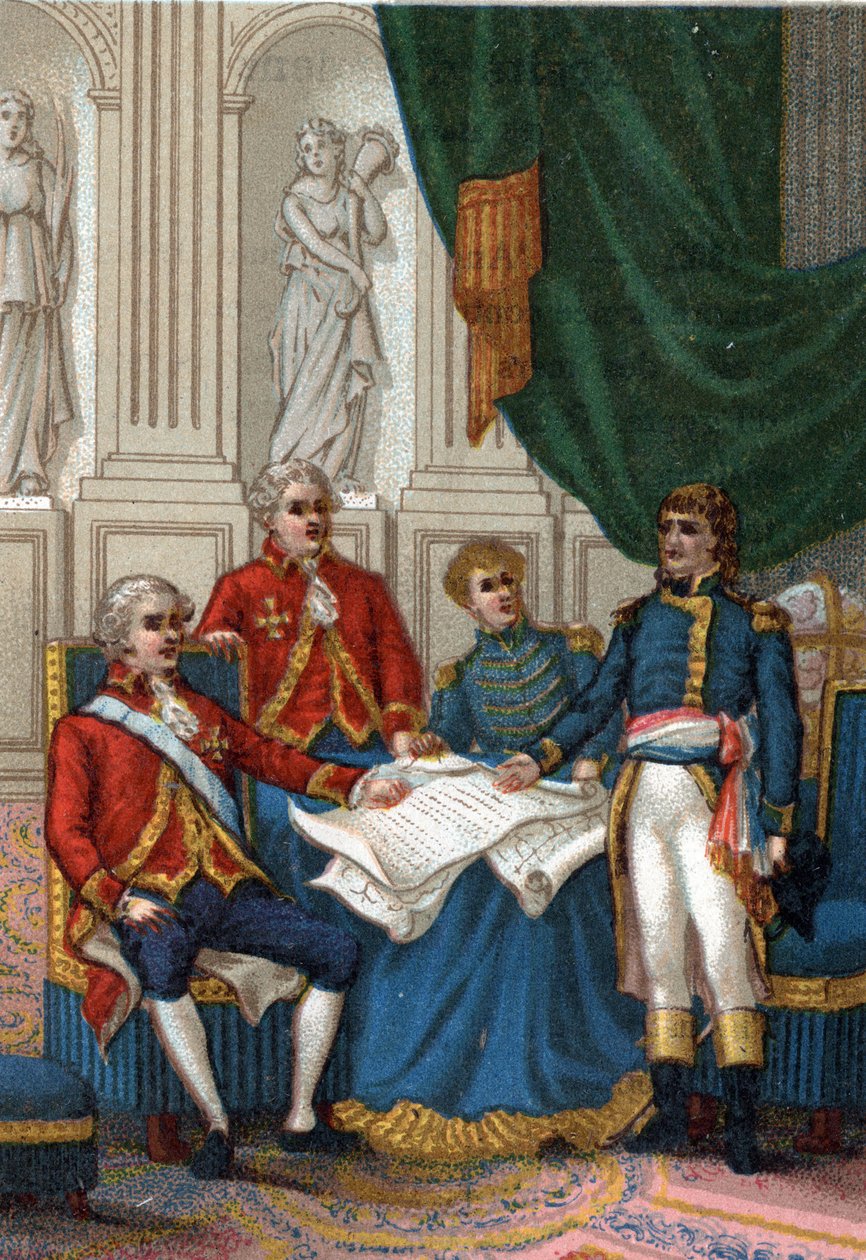 Napoleon Bonaparte i Amiens 25. mars 1802 signerte England og Frankrike en fredsavtale som avsluttet den andre europeiske koalisjonen mot Frankrike. (The Peace of Amiens, 25. mars 1802). av French School