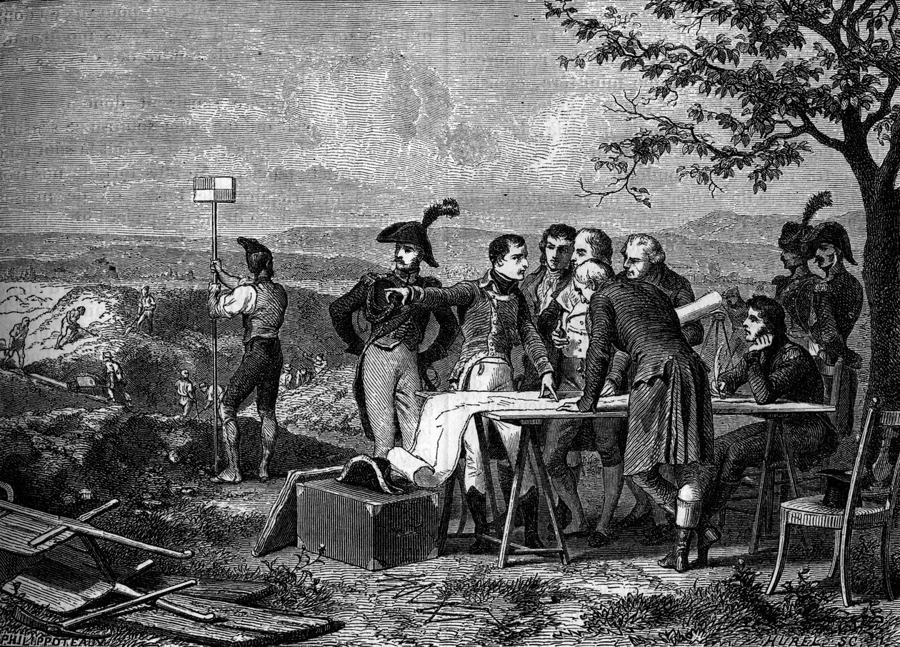 Napoleon Bonaparte indikerer planen for kutting av Canal de Saint-Quentin i 1801 - Bonaparte indikerer gjennomboringen av Canal de Saint Quentin i 1801 - Gravering av 1800-tallet av French School