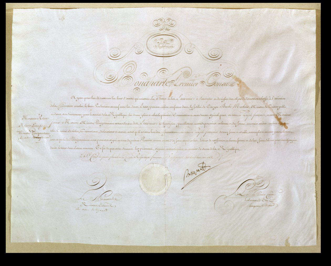 Napoleon Bonapartes (1769-1821) autorisasjon for kjøp av Louisiana av USA, 30. april 1803 (blekk på vellum) av French School