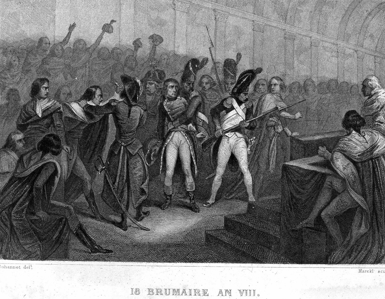 Napoleon Bonapartes statskupp den 18. Brumaire år VIII (1799) i Hall of the Council of Five Cents (Five Cents) (Room of 500) of Saint Cloud - i "" Revolution francaise"" av Thiers. 1800-tallet av French School