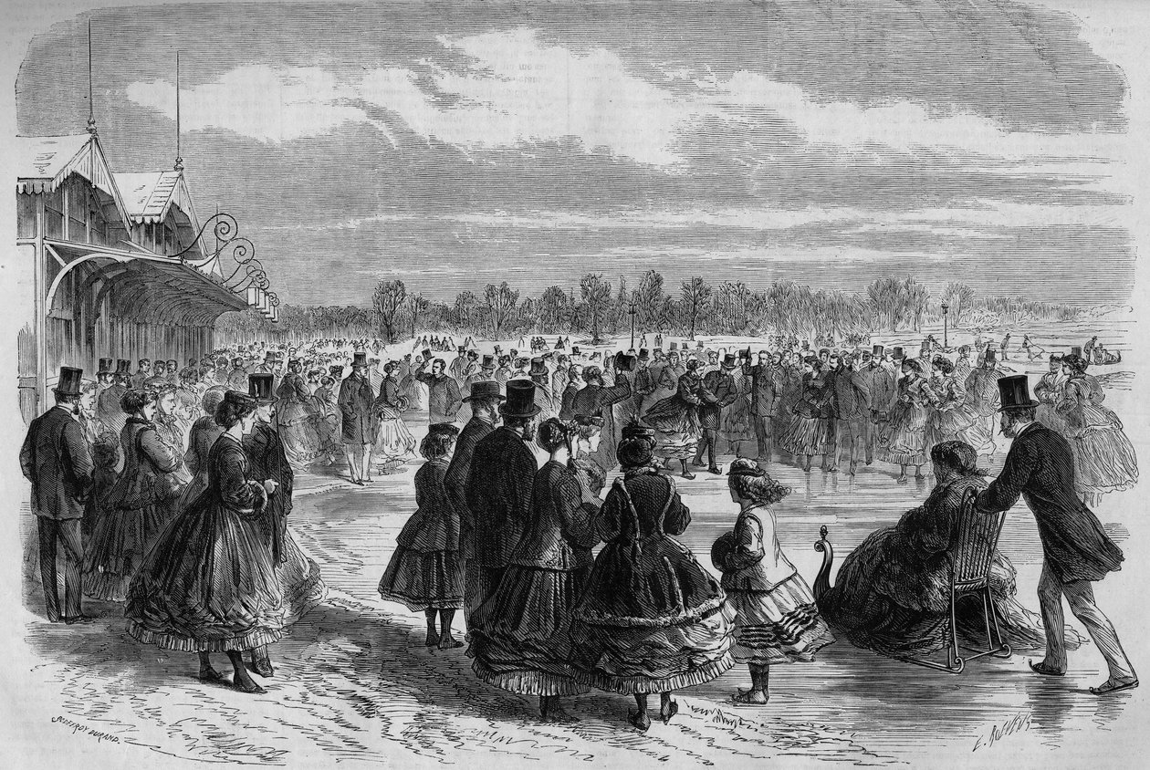 Napoleon III (1808-1873) og keiserinne Eugenie de Montijo (1826-1920) ved skaterklubben Bois de Boulogne i Paris. Gravering i ""Le Monde Illustre"" nr. 511 av 26. januar 1867. av French School