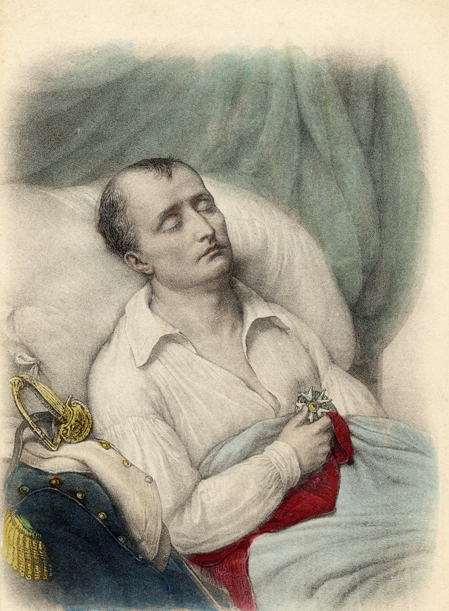 Napoleon I på dødsleiet holder Æreslegionens kors til hjertet, St. Helena, 1821 (farge litho) av French School