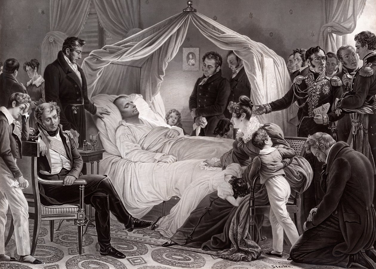Napoleon I på dødsleiet på St. Helena, 5. mai 1821, etter et maleri av Charles de Steuben av French School