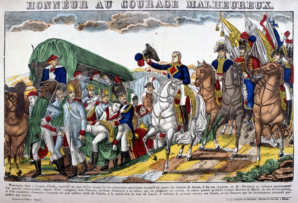 Napoleon I tar av seg hatten som en konvoi av sårede og utbryter "Ære til ulykkelig mot!" Bilde av Epinal av French School