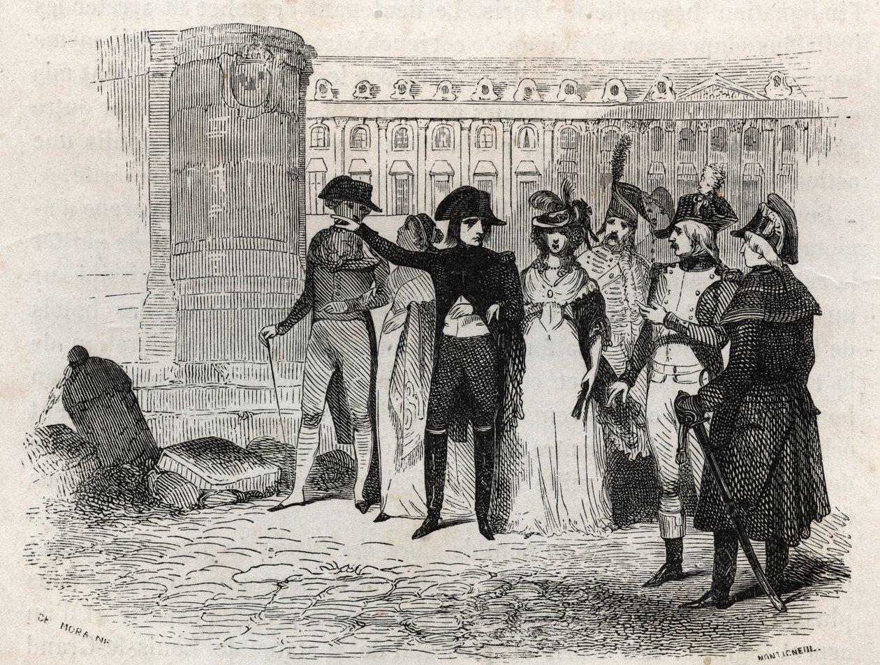 Napoleon går sammen med Madame Tallien, født theresa Cabarrus, prinsesse av Caraman, prinsesse av Caraman Chimay (1773 - 1835) Place Vendome i Paris - gravering i "Les rues de Paris". Gamle og moderne Paris: opprinnelse, historie, monumenter, kos av French School