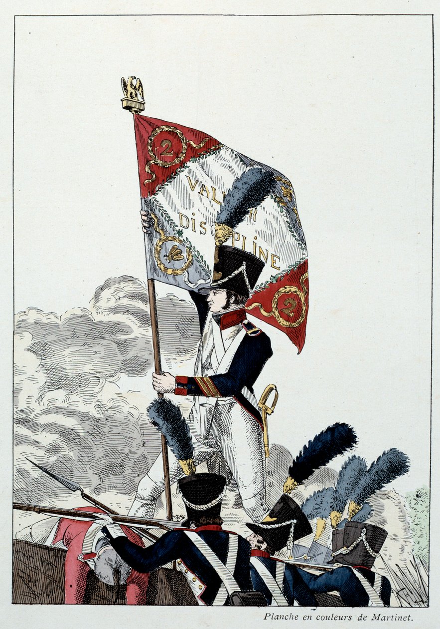 Napoleonic Armee: Line Infantry. Sersjant major plantet ørnen sin på en frykt som ble drastisk utslettet. Gravering av Martinet (1800-tallet) 1808. Malmaison, Musee Du Chateau. av French School