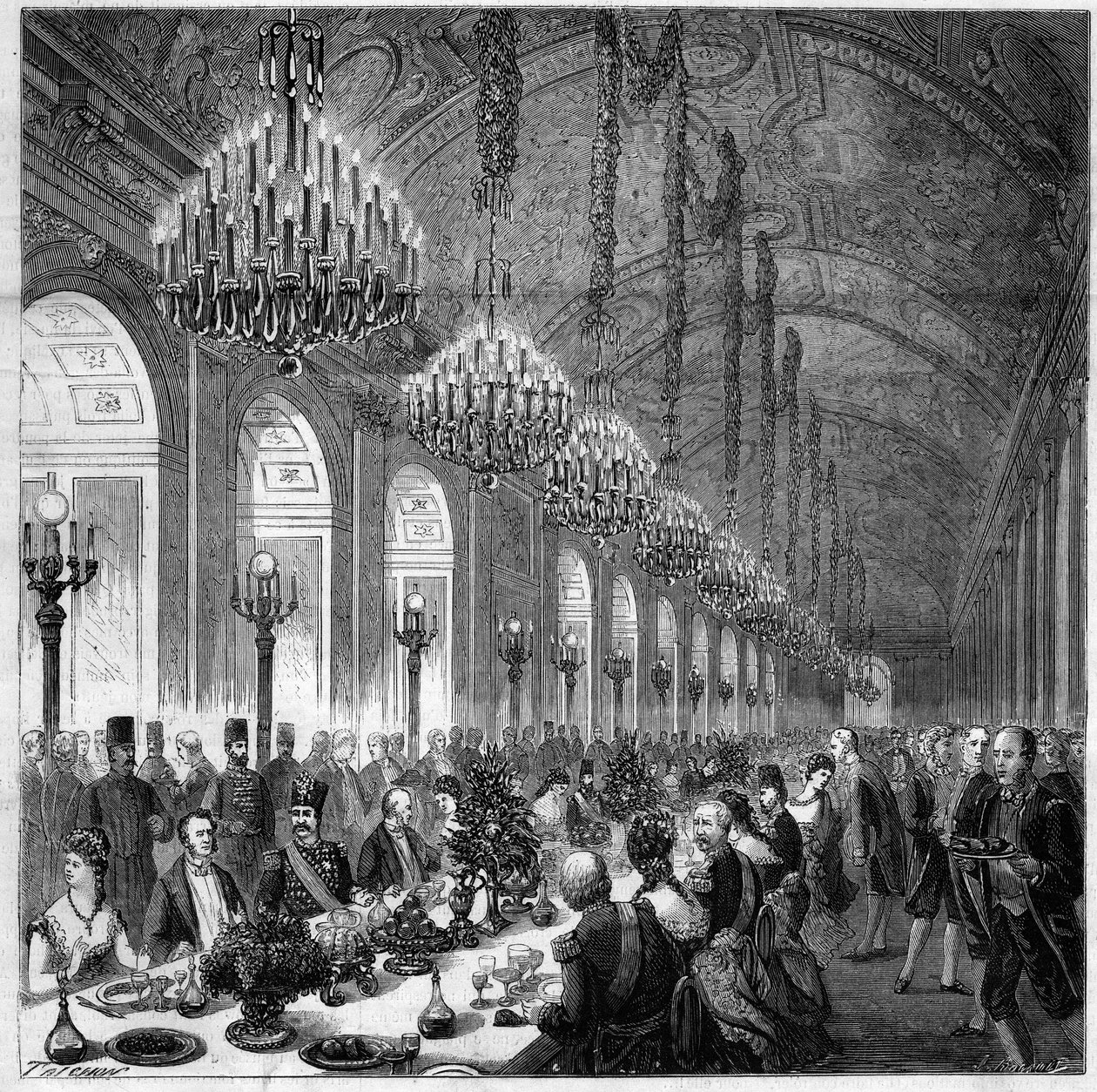 Nasir Al-Din (Nasser al-Din) (1831-1896) Shah from Persia to Versailles. Banquet in the ice gallery. to his left Albert, Duke of Broglie (1821-1901). av French School