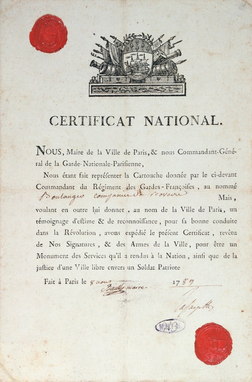 Nasjonalt sertifikat for god oppførsel under den franske revolusjonen, 8. august 1789 i Paris av French School