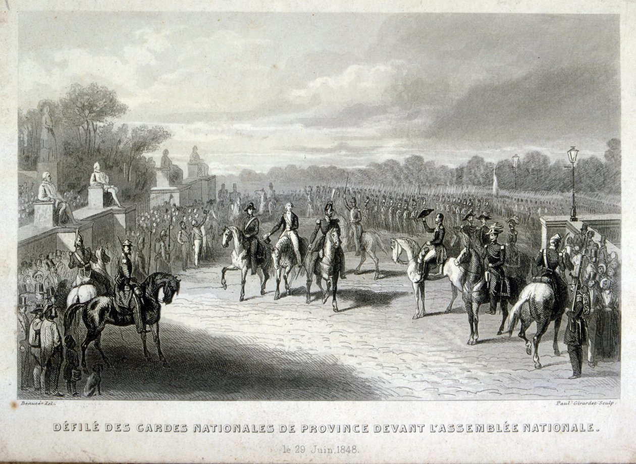 Nasjonalgardens soldater beskytter nasjonalforsamlingen i Paris. Gravering under den franske revolusjonen i 1848 (gravering) av French School