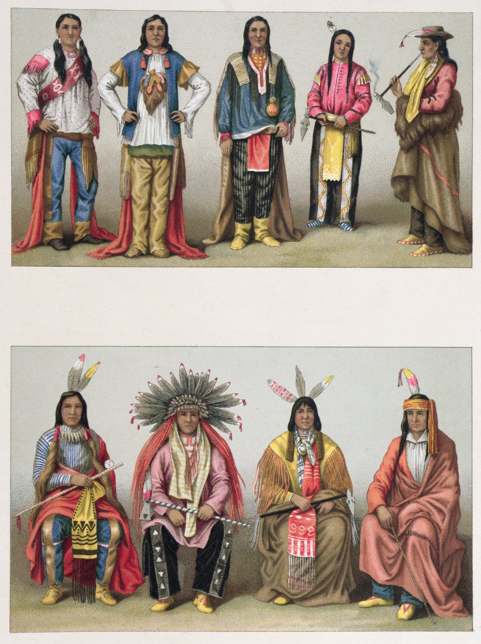 Indianere fra Mississippi-bassenget og fra Colorado, illustrasjon fra Le Costume Historique av A. Racinet, publisert i Paris 1888 av French School